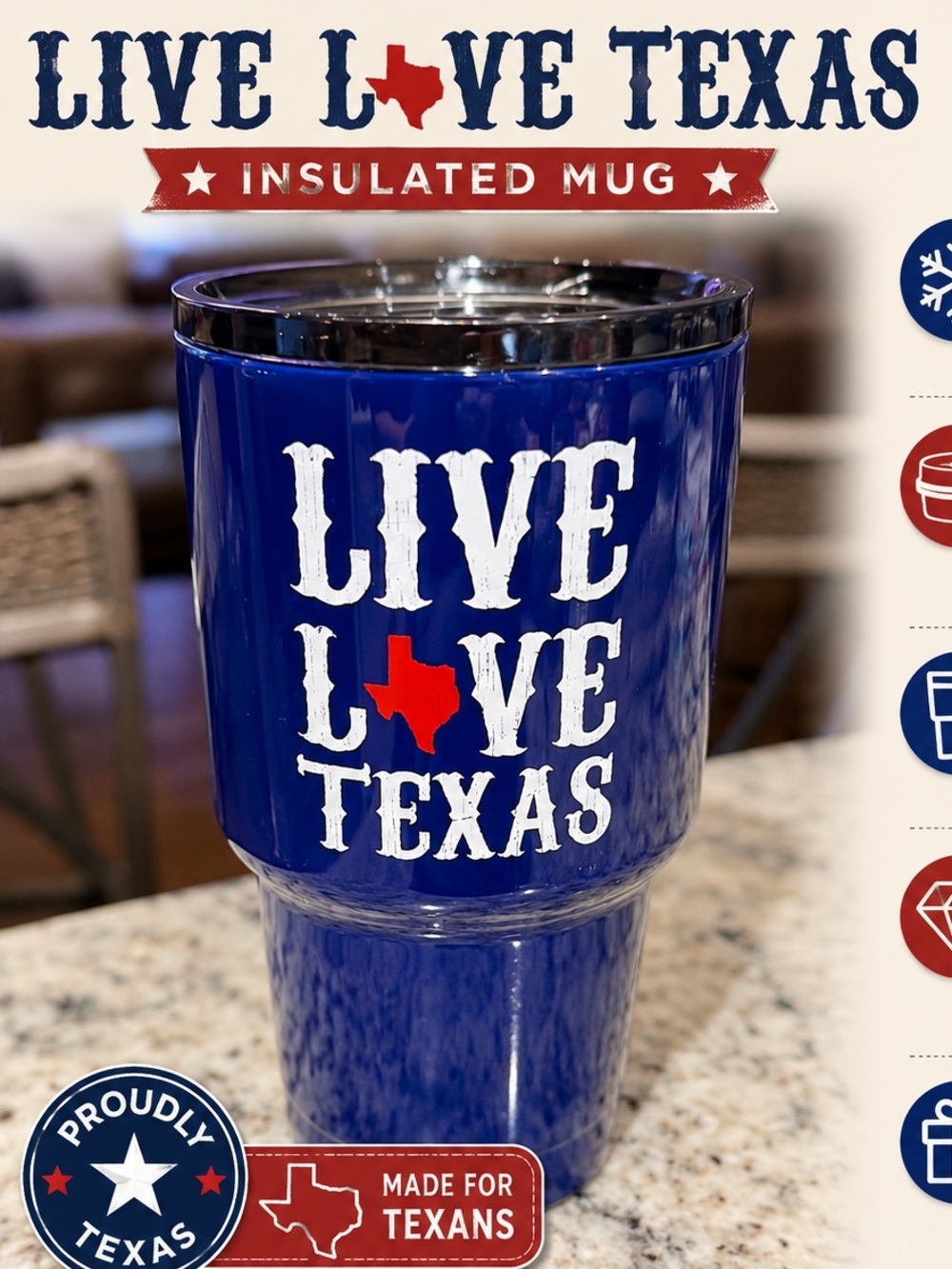Hand Crafted Live Love Texas Insulated Mug - Blue with Red Accent